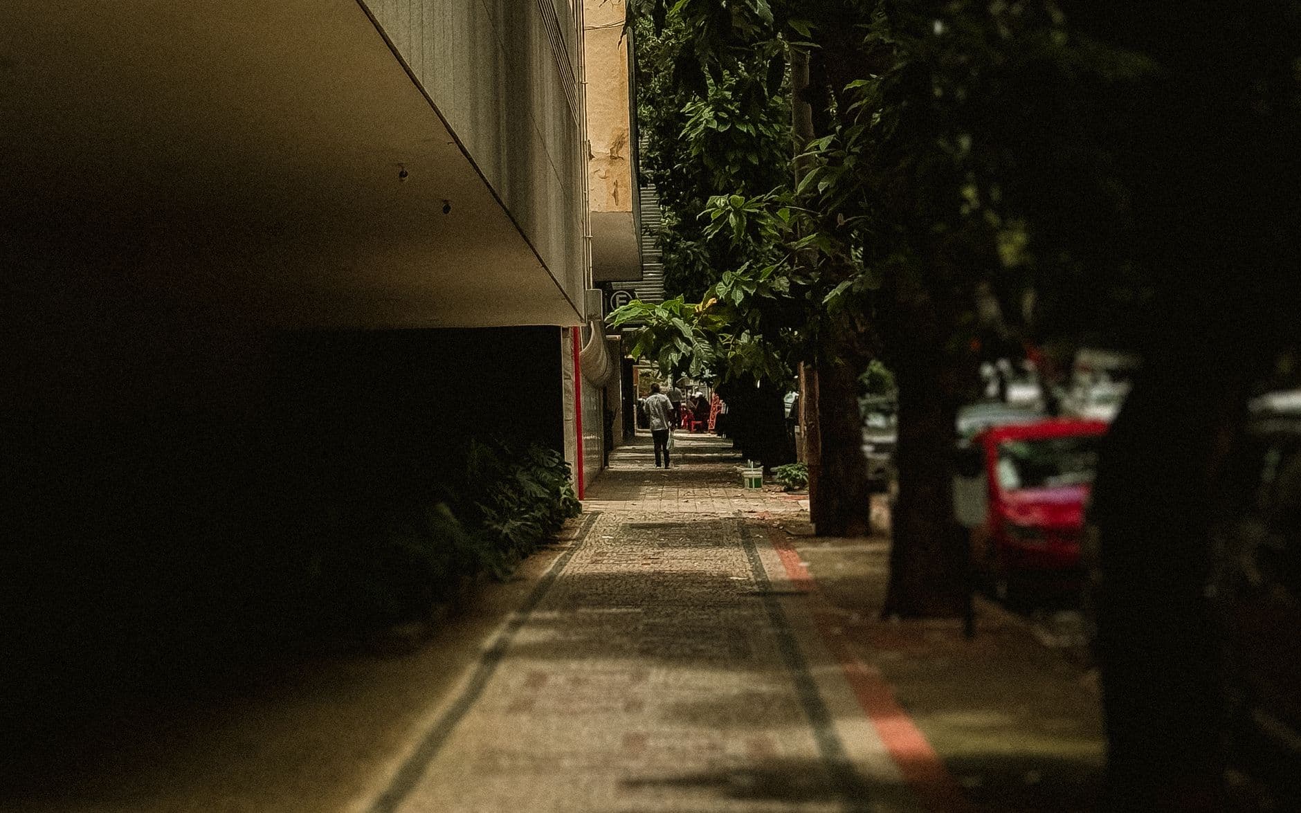 A city sidewalk with trees, a red car, and buildings. Daytime urban scene.