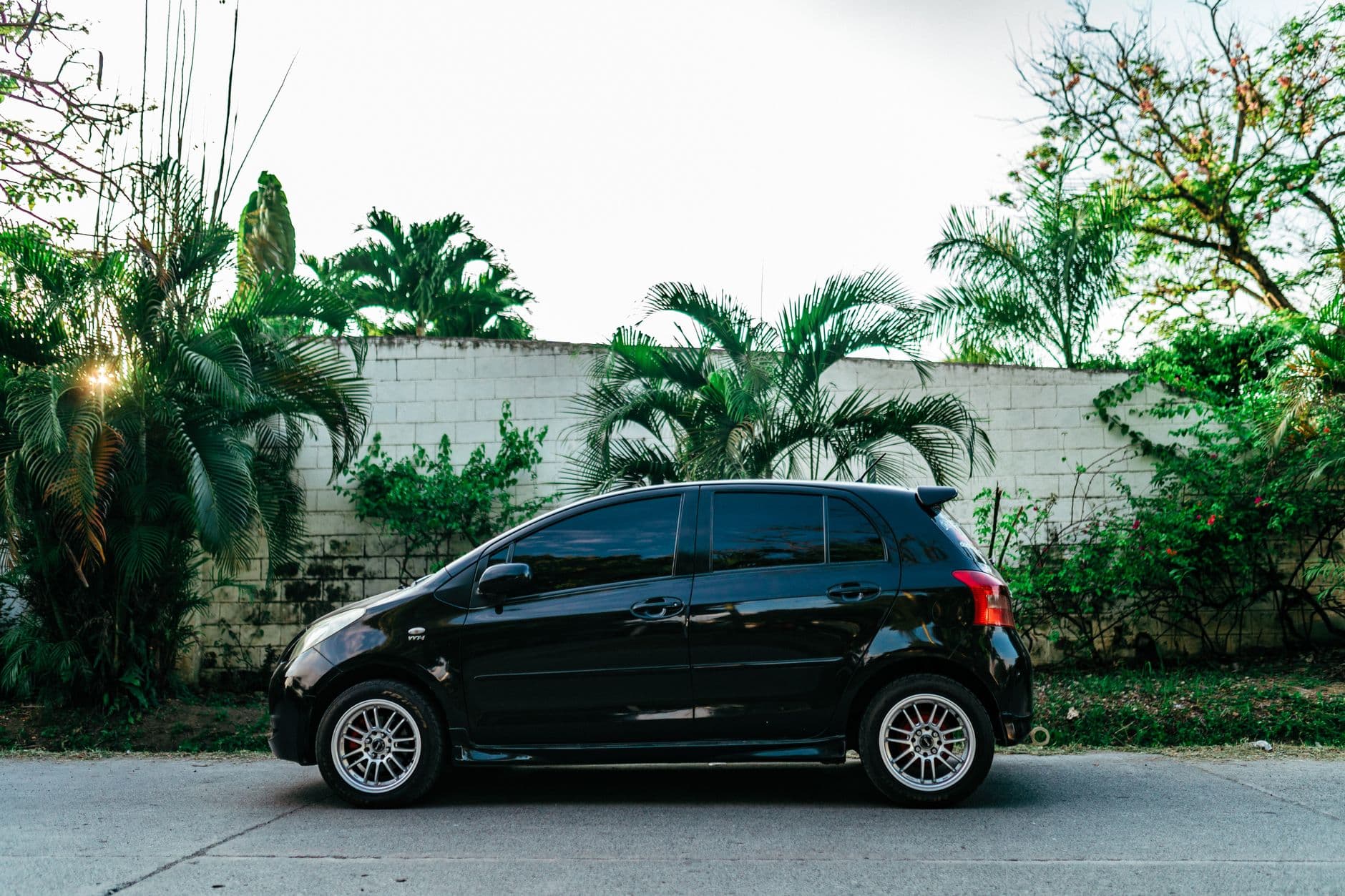 A sleek black Toyota Yaris parked in front of lush green trees in an urban setting.