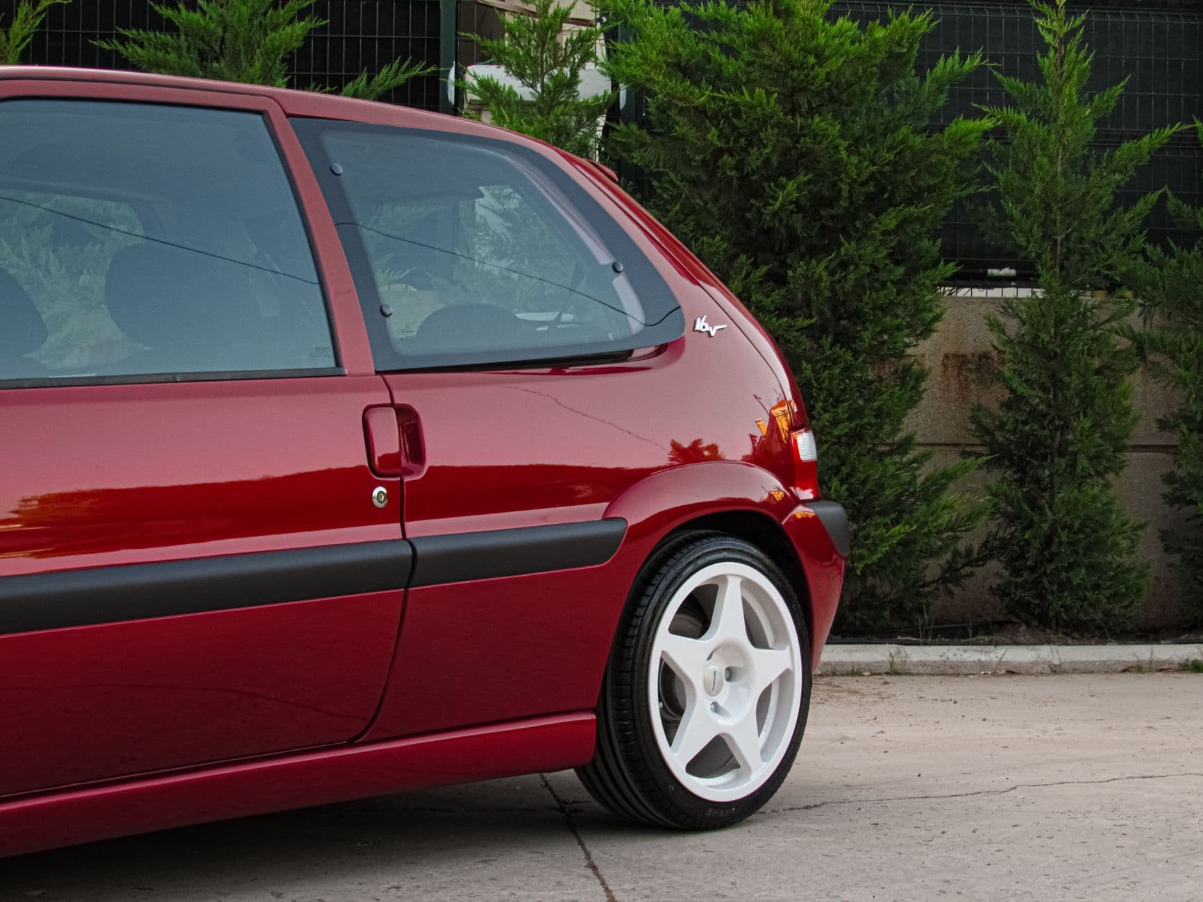 Side view of red car parked on driveway with green shrubs in background.